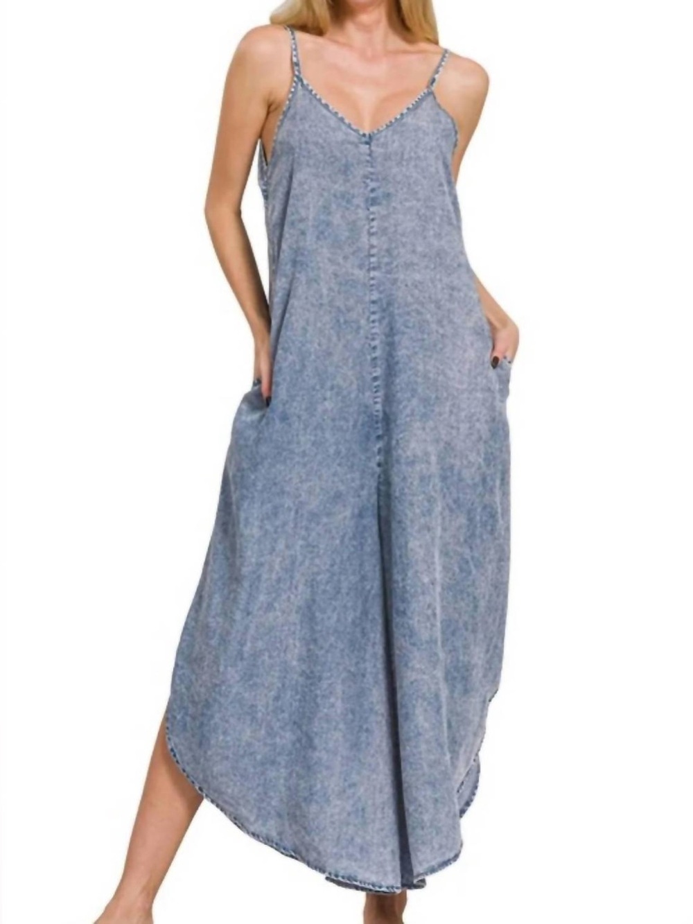 🆕 FREE Cami w/Purchase Acid-Washed Wide Leg Jumpsuit w/Pockets Boho Chambray - Picture 2 of 4